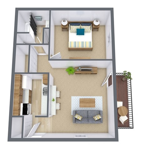 Floor plan for 1 bed, 1 bath, 602 sqft